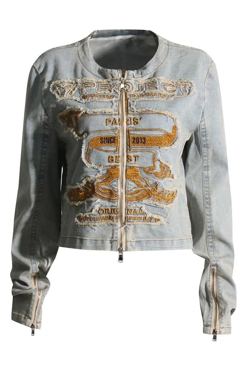 American retro embroidered denim jacket
