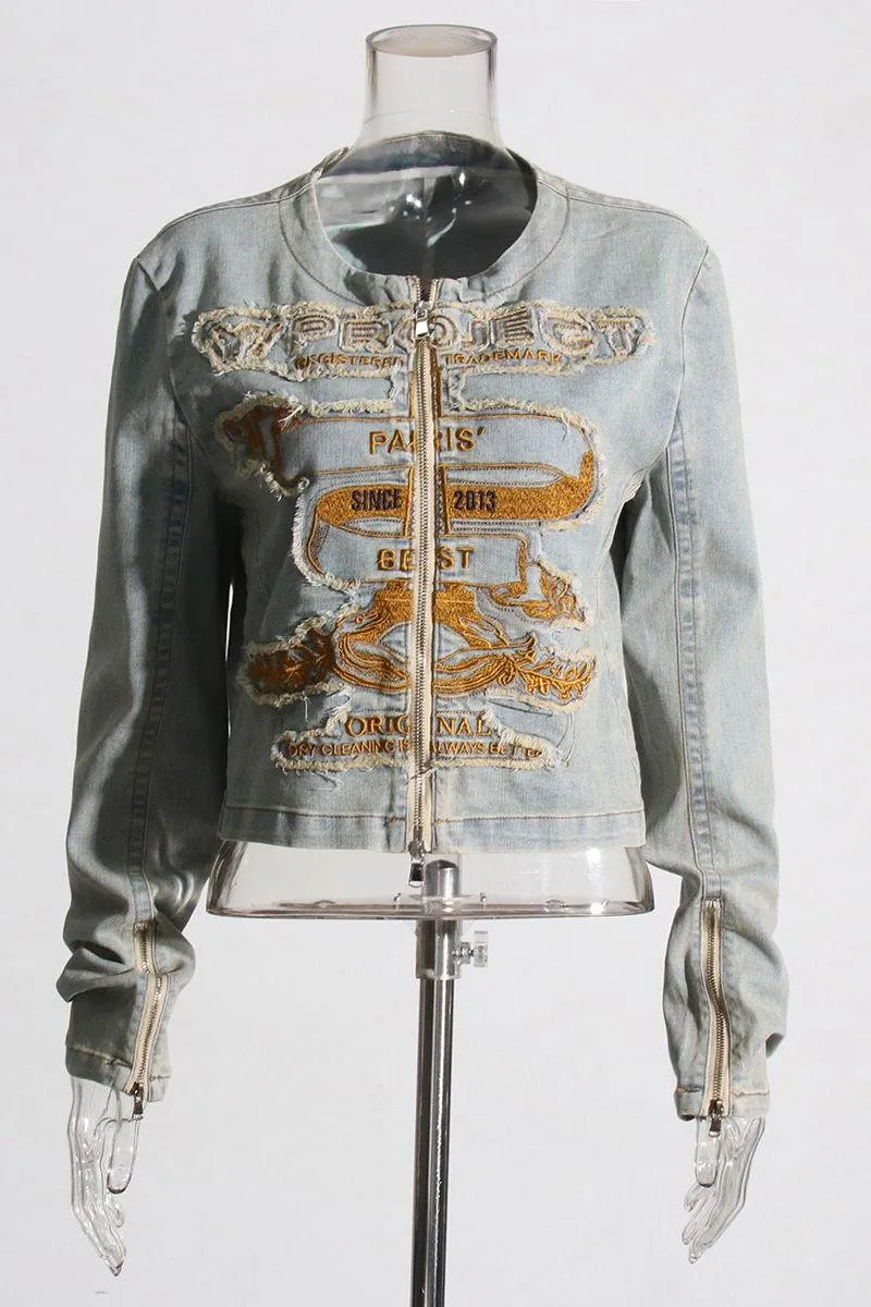 American retro embroidered denim jacket