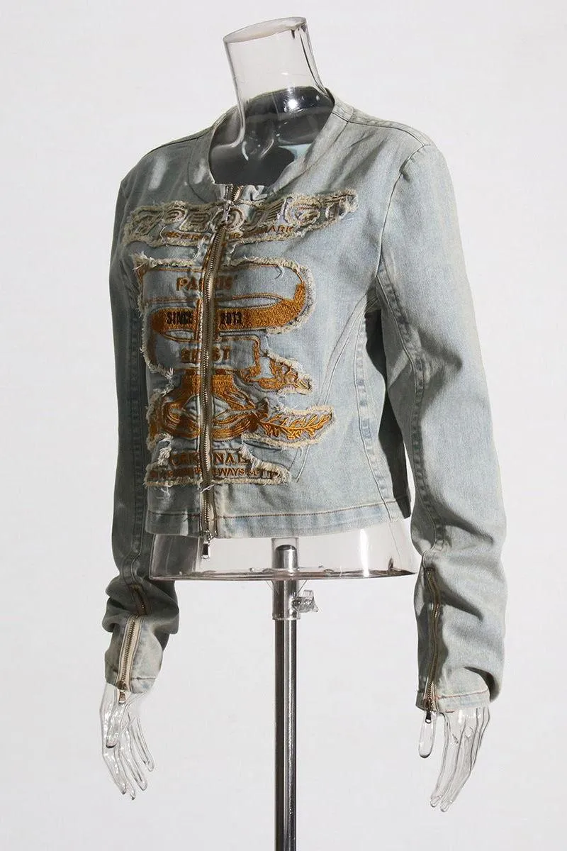 American retro embroidered denim jacket