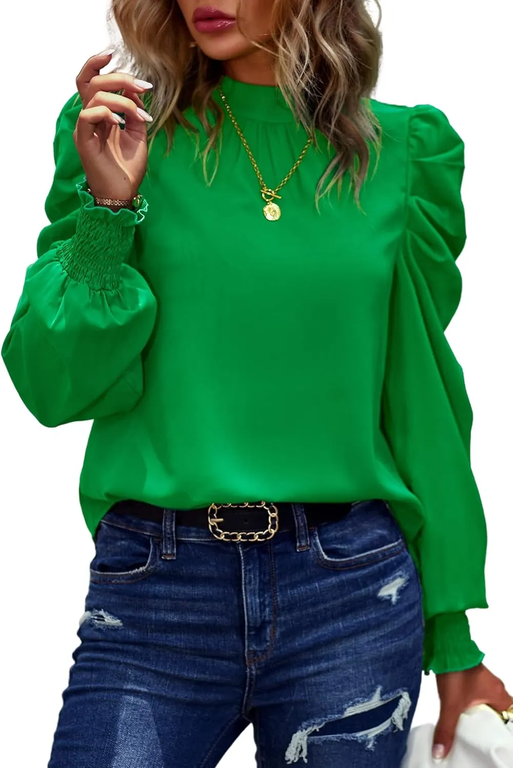 Angashion Womens Tops Casual Crewneck Long Lantern Sleeve Self Tie Blouses Solid Tunic Shirts 2025