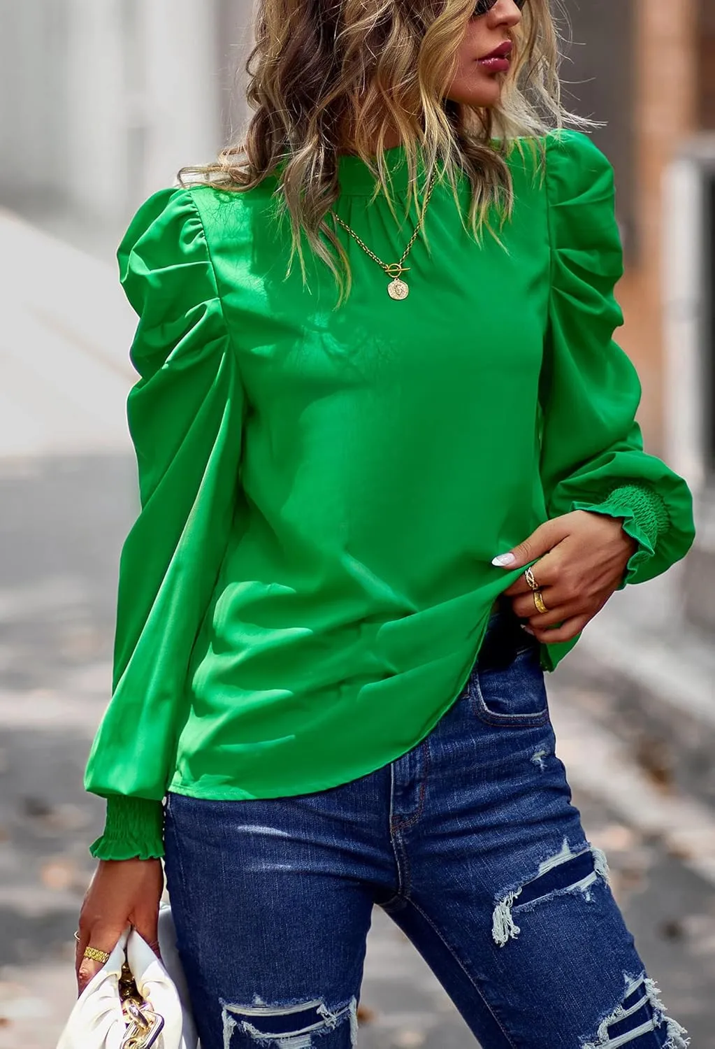 Angashion Womens Tops Casual Crewneck Long Lantern Sleeve Self Tie Blouses Solid Tunic Shirts 2025