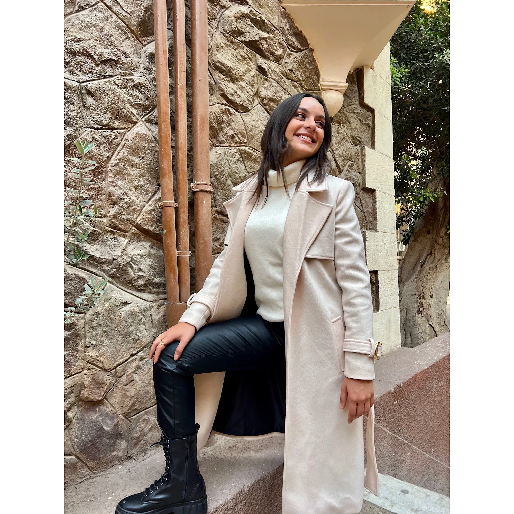 Beige trench wool coat