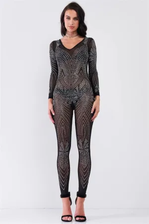 Black Rhinestone Embroidery V-Neck Sheer Mesh Long Sleeve Bodycon Jumpsuit /1-1-1-1