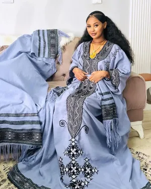 Blue Cultural Habesha Dress Ethiopian Traditional Dress Elegant Habesha Kemis