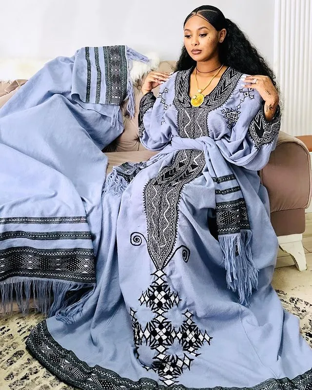 Blue Cultural Habesha Dress Ethiopian Traditional Dress Elegant Habesha Kemis