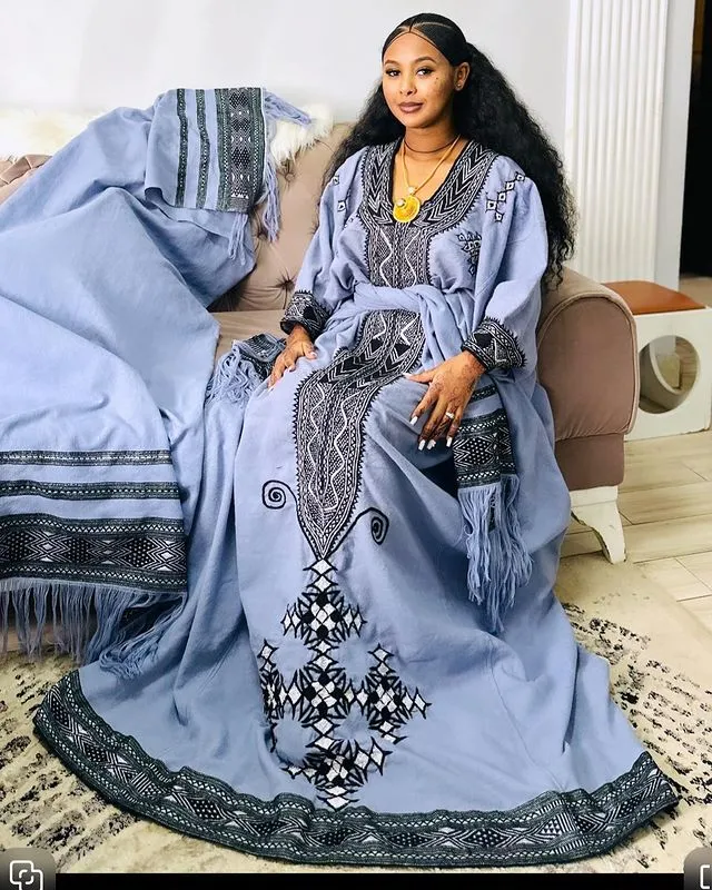 Blue Cultural Habesha Dress Ethiopian Traditional Dress Elegant Habesha Kemis