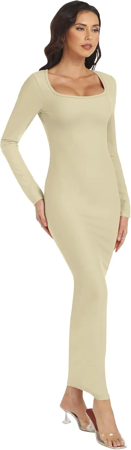 Bodycon Maxi Dresses for Women 2024 Square Neck Long Sleeve Knit Ribbed Fall Sexy Tight Fitted Dress