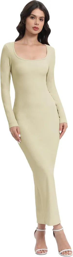 Bodycon Maxi Dresses for Women 2024 Square Neck Long Sleeve Knit Ribbed Fall Sexy Tight Fitted Dress