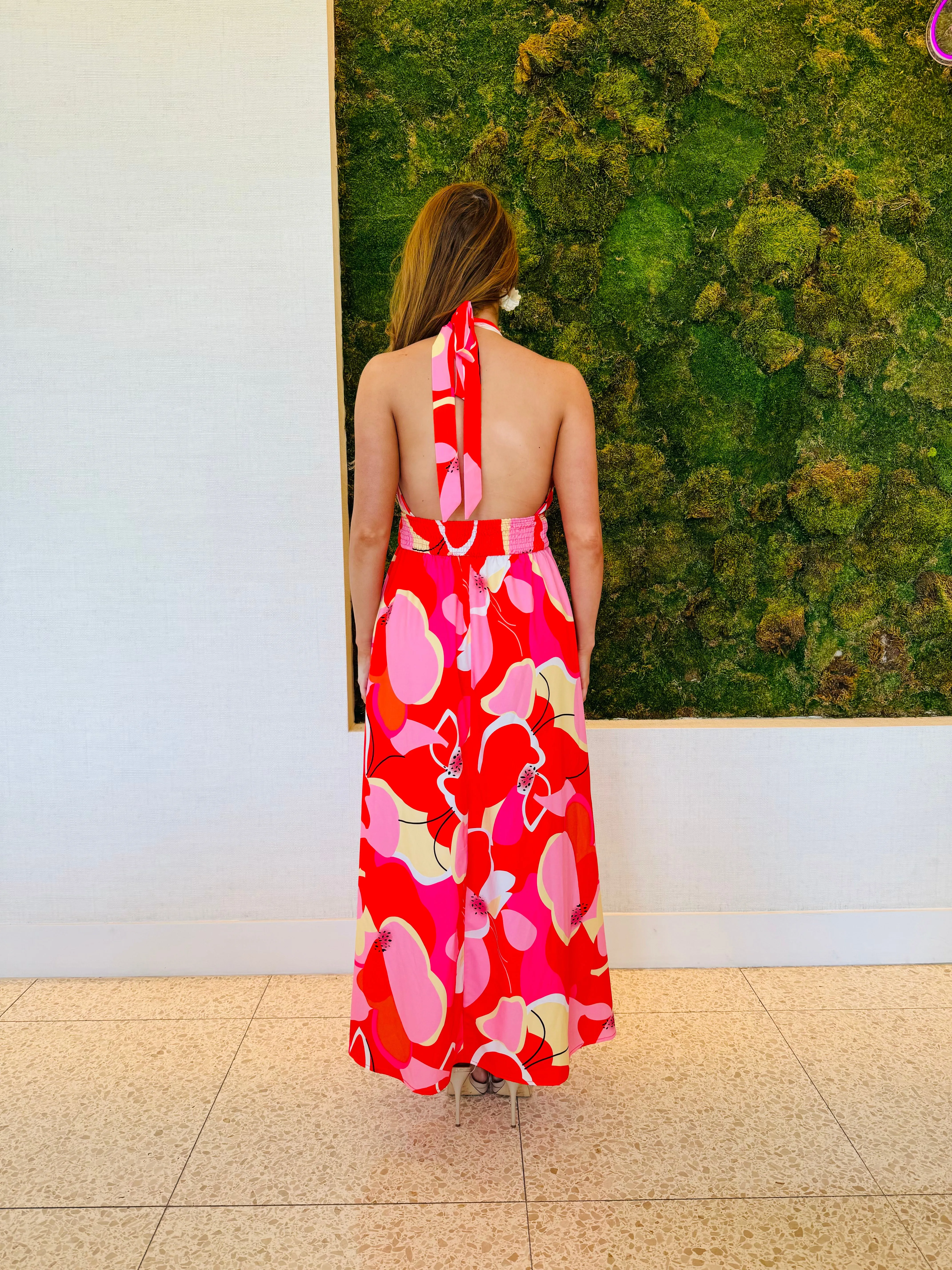 Denise halter top maxi dress in red floral maxi
