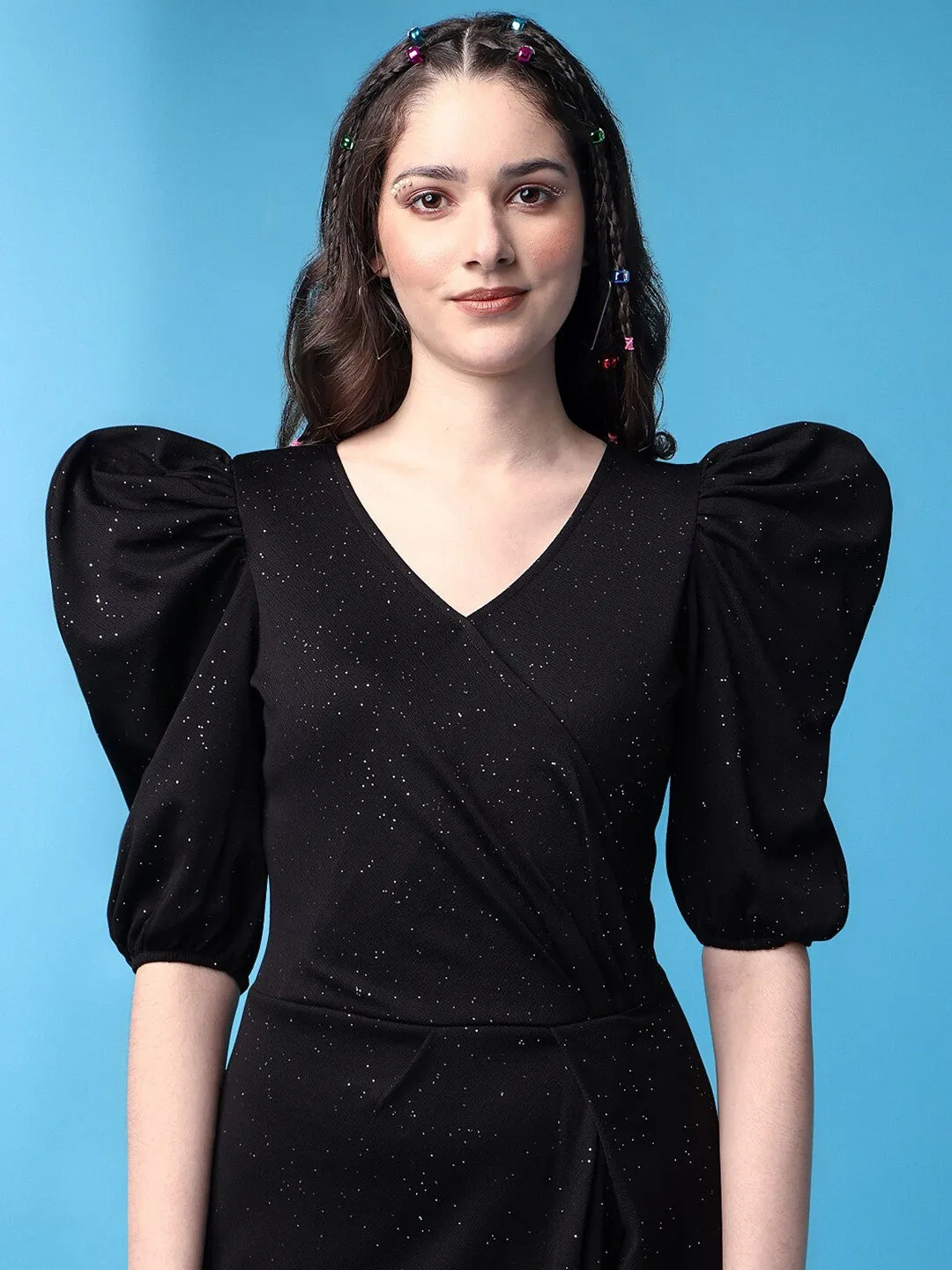 Elegant Black Embellished Wrap Dress