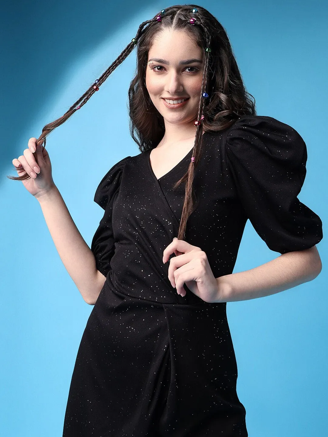 Elegant Black Embellished Wrap Dress