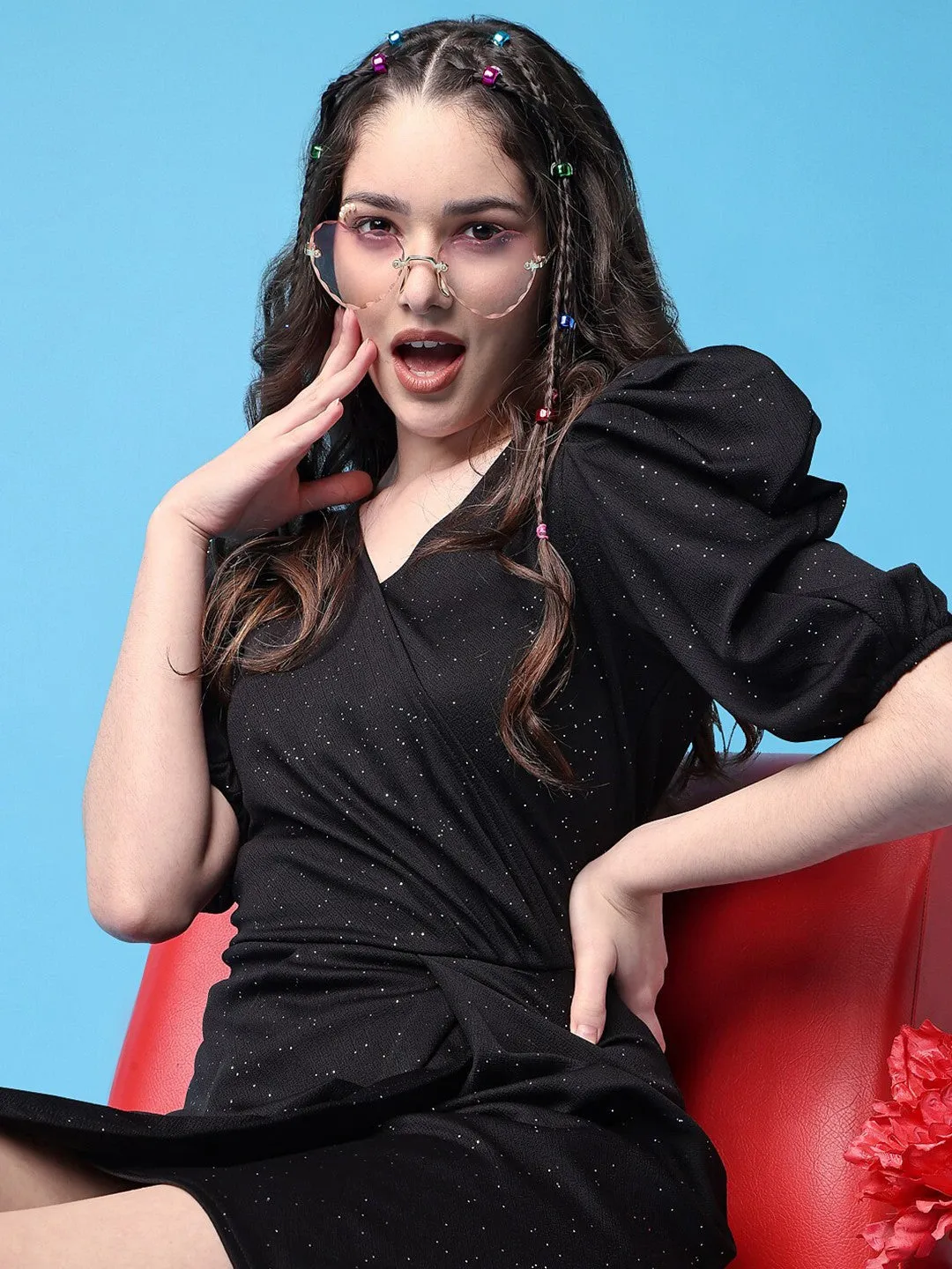 Elegant Black Embellished Wrap Dress