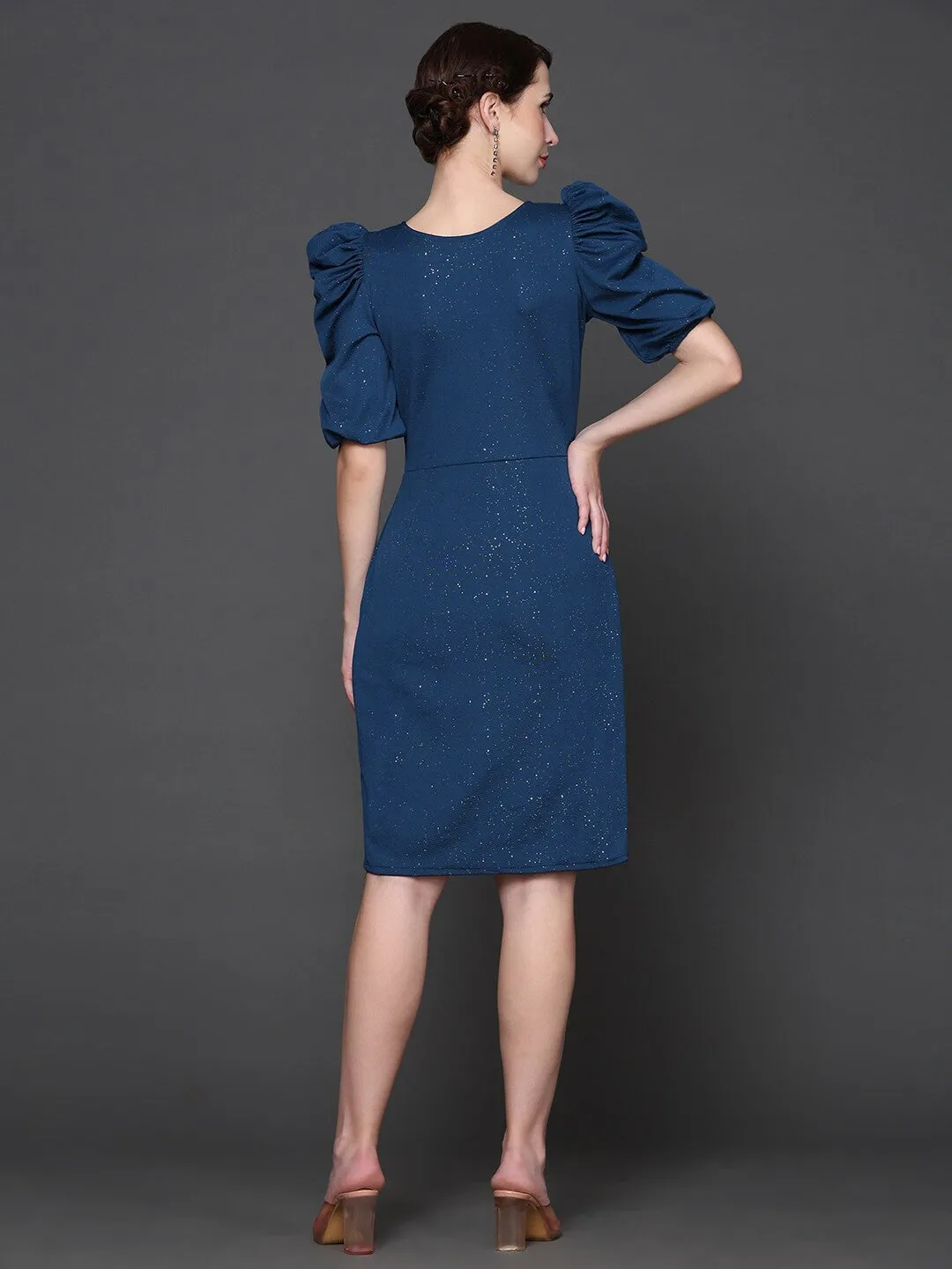 Elegant Blue Embellished Wrap Dress