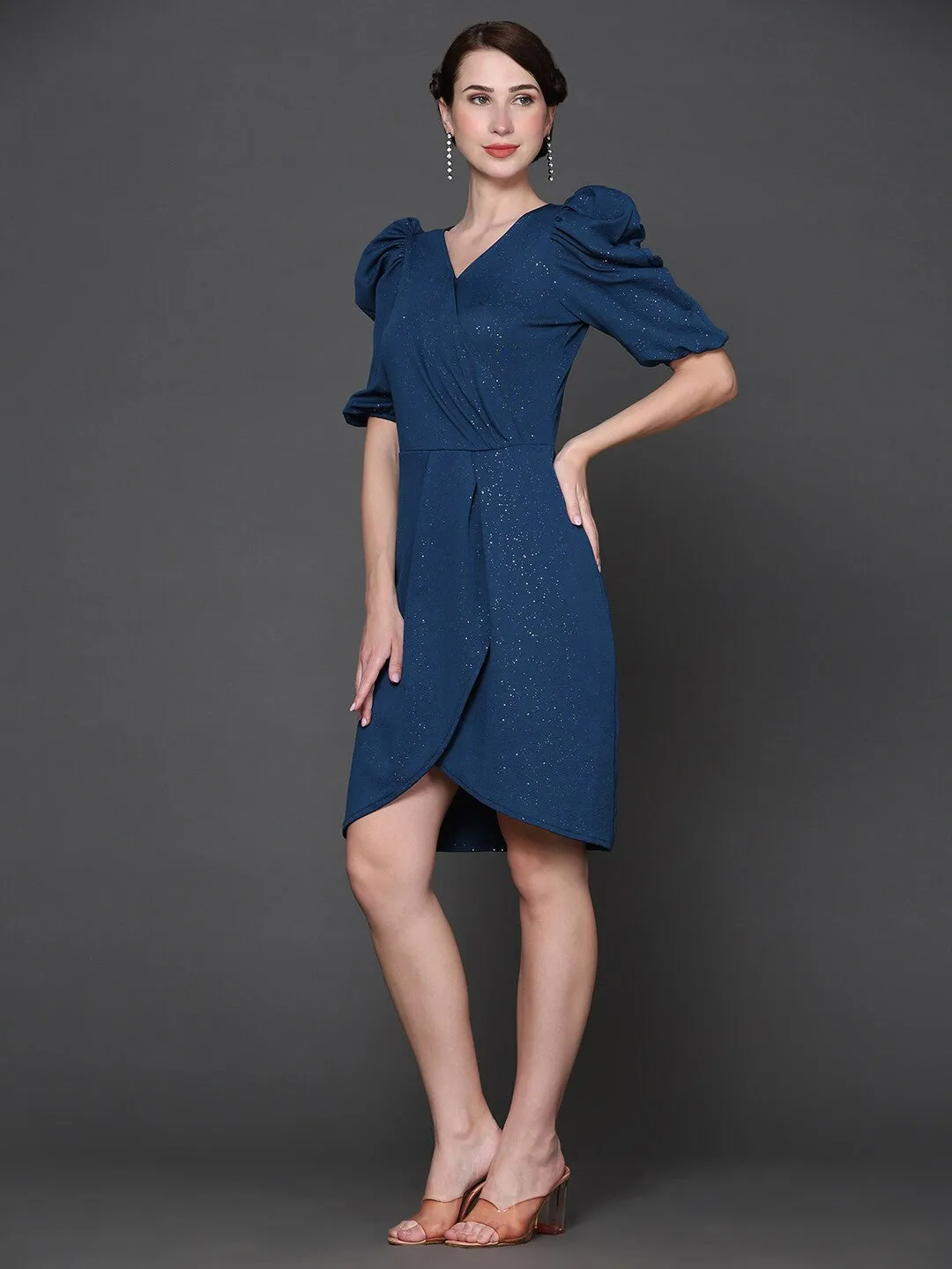 Elegant Blue Embellished Wrap Dress