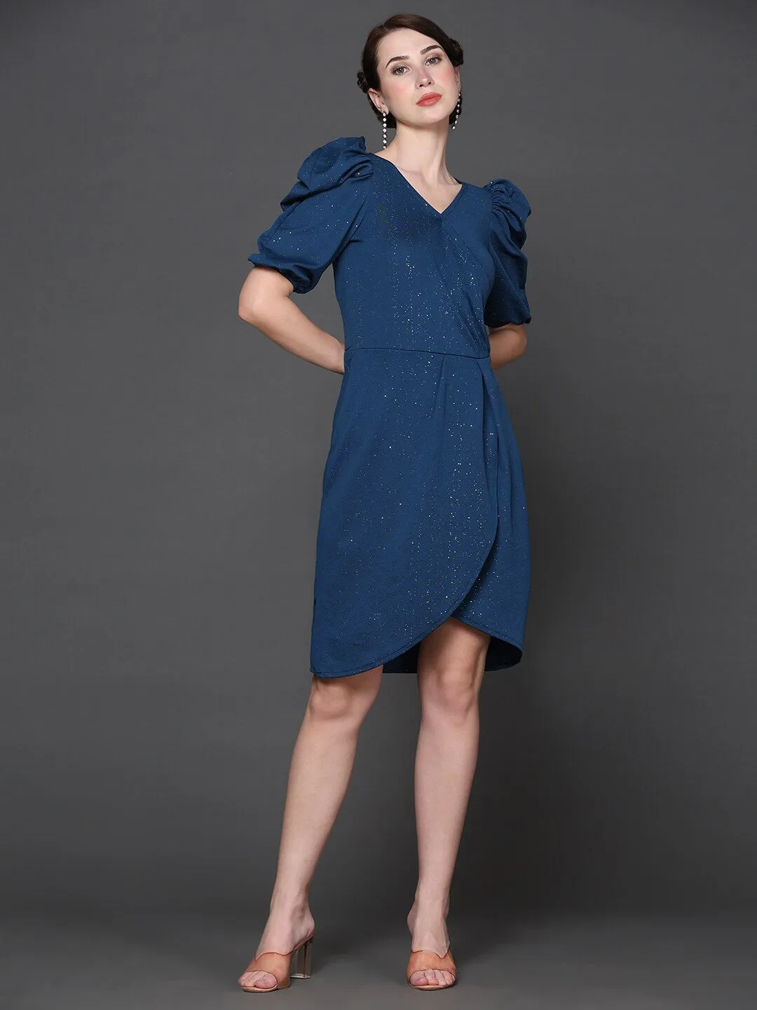 Elegant Blue Embellished Wrap Dress