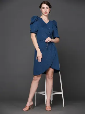 Elegant Blue Embellished Wrap Dress
