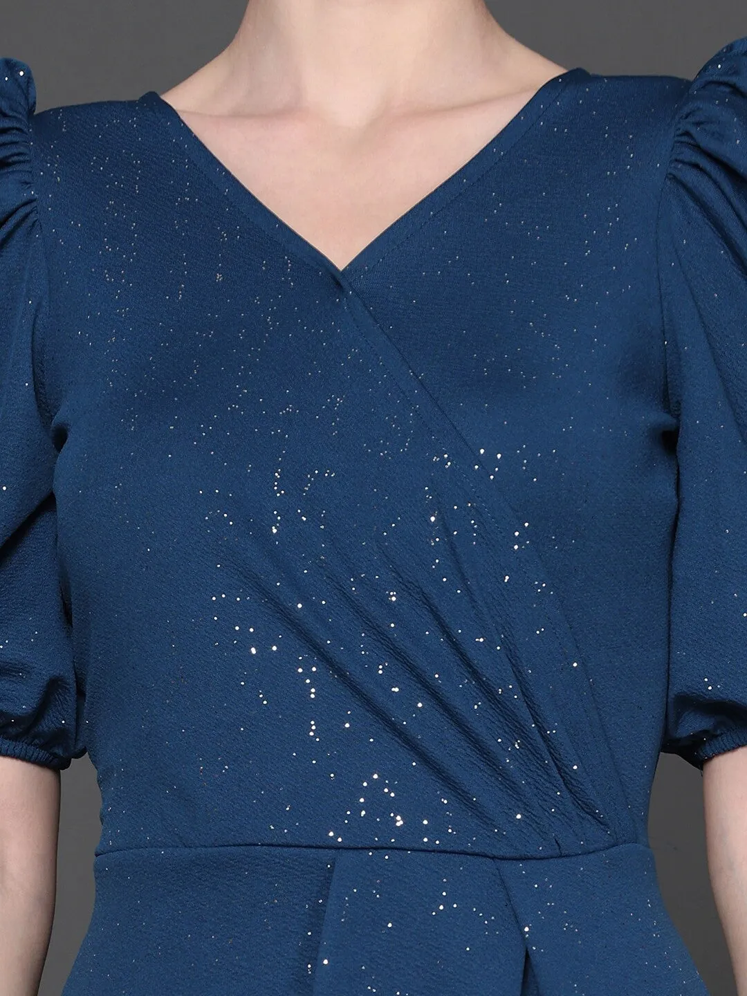 Elegant Blue Embellished Wrap Dress