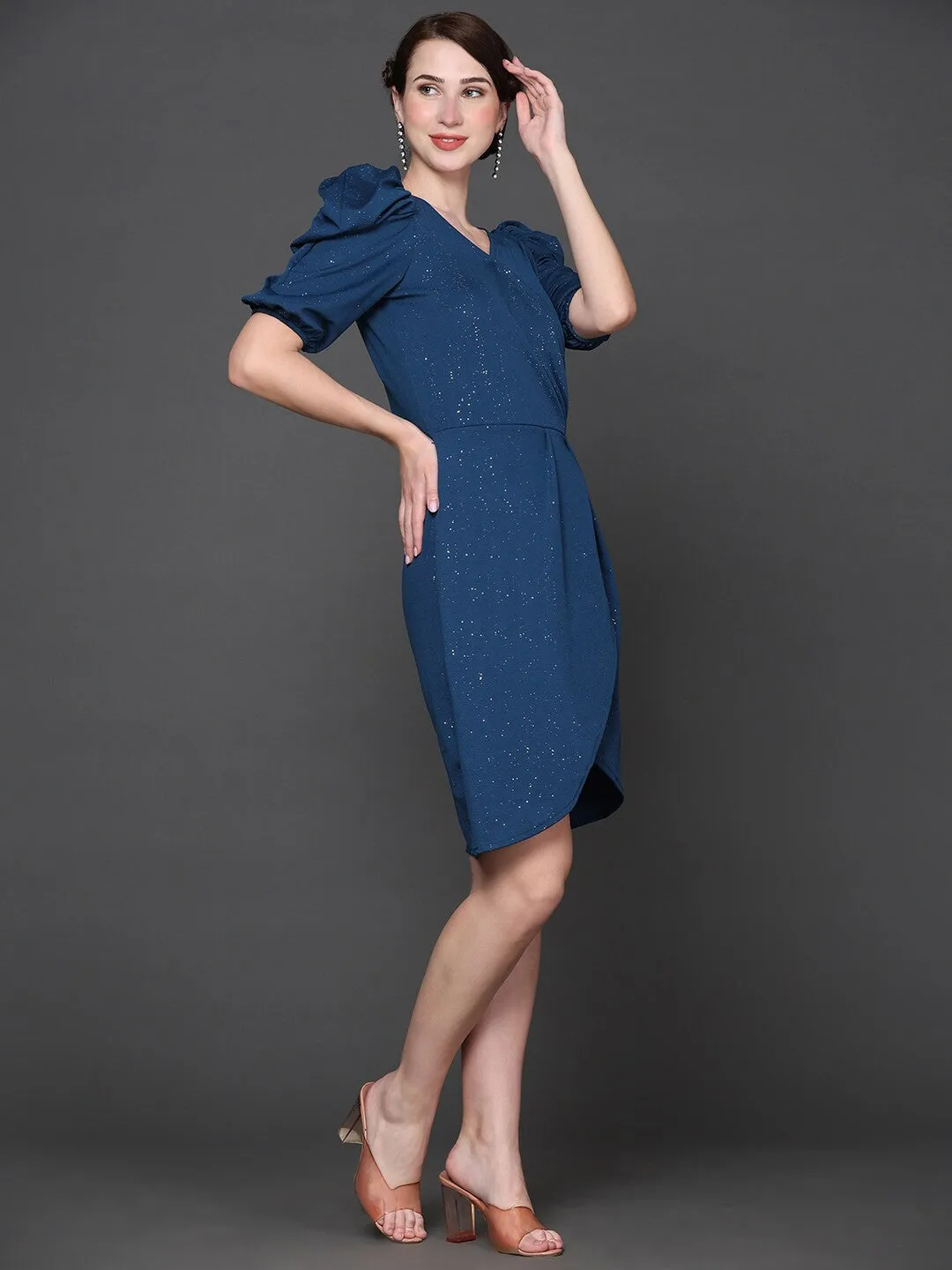 Elegant Blue Embellished Wrap Dress