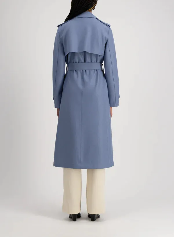 Harris Wharf Double Vent Trench Coat Light Pressed Wool - Denim Blue