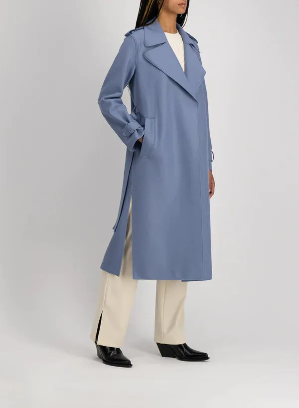 Harris Wharf Double Vent Trench Coat Light Pressed Wool - Denim Blue