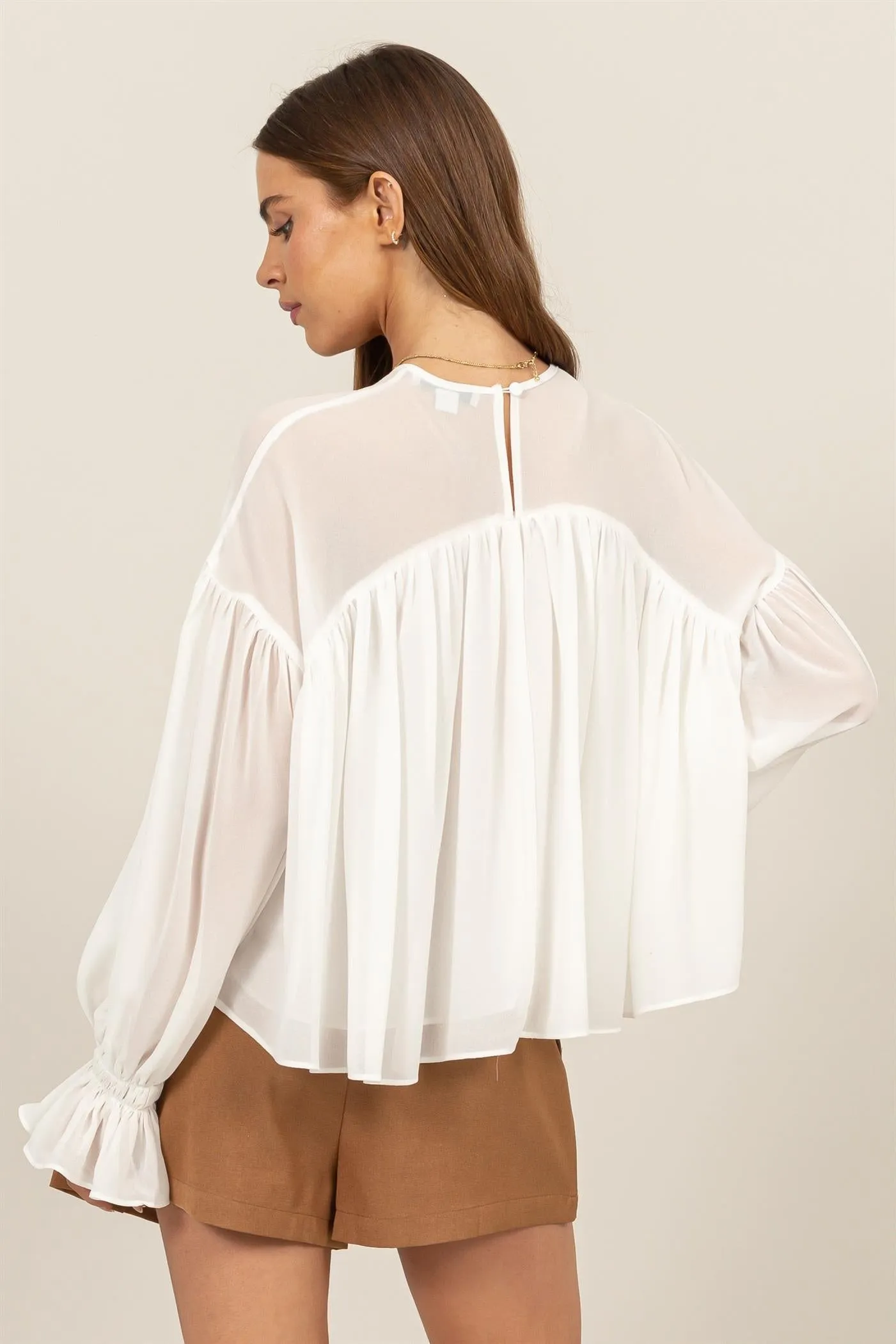HF24F738-FLOWY BLOUSE WITH GATHERED CUFFS