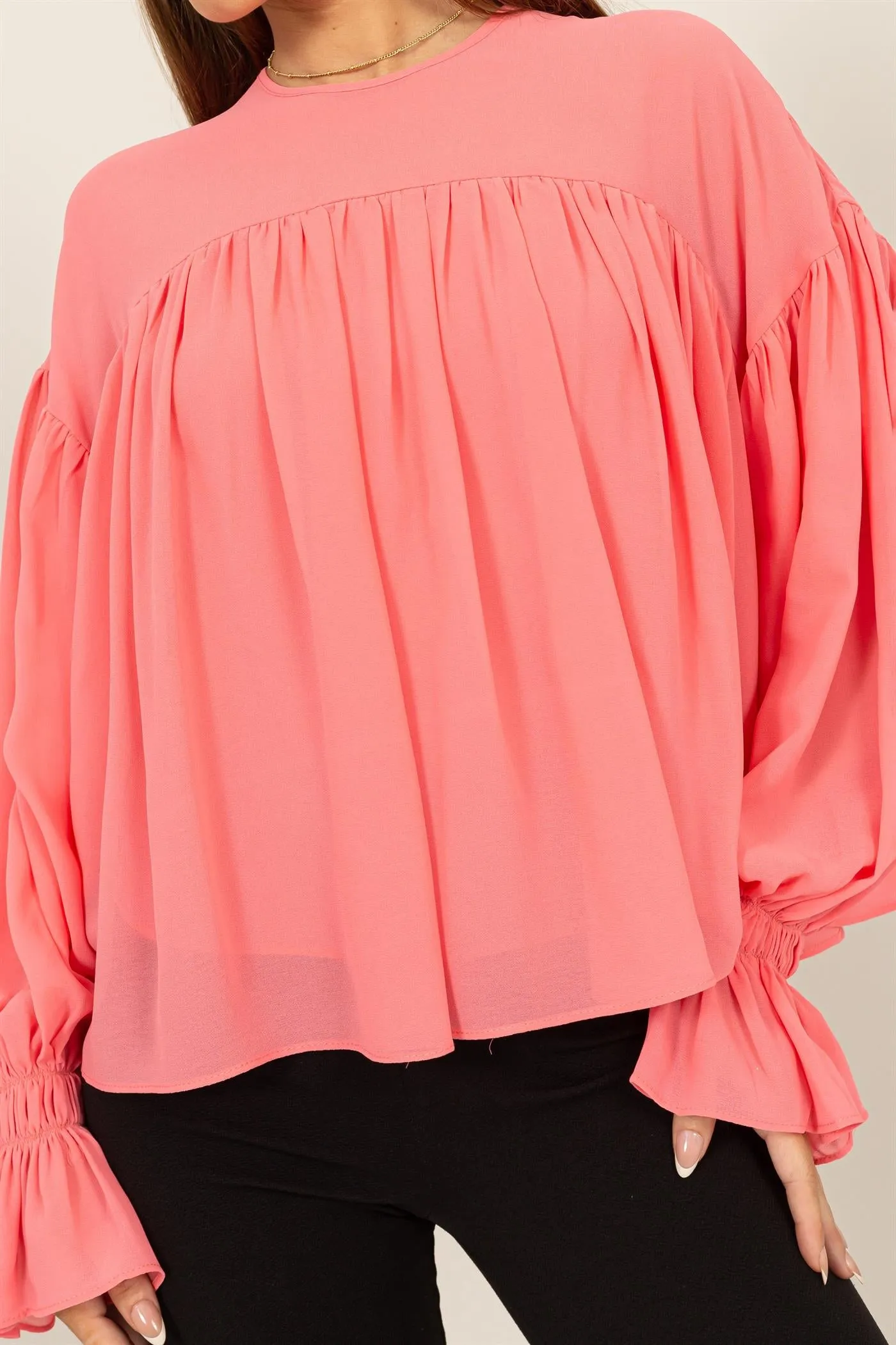 HF24F738-FLOWY BLOUSE WITH GATHERED CUFFS