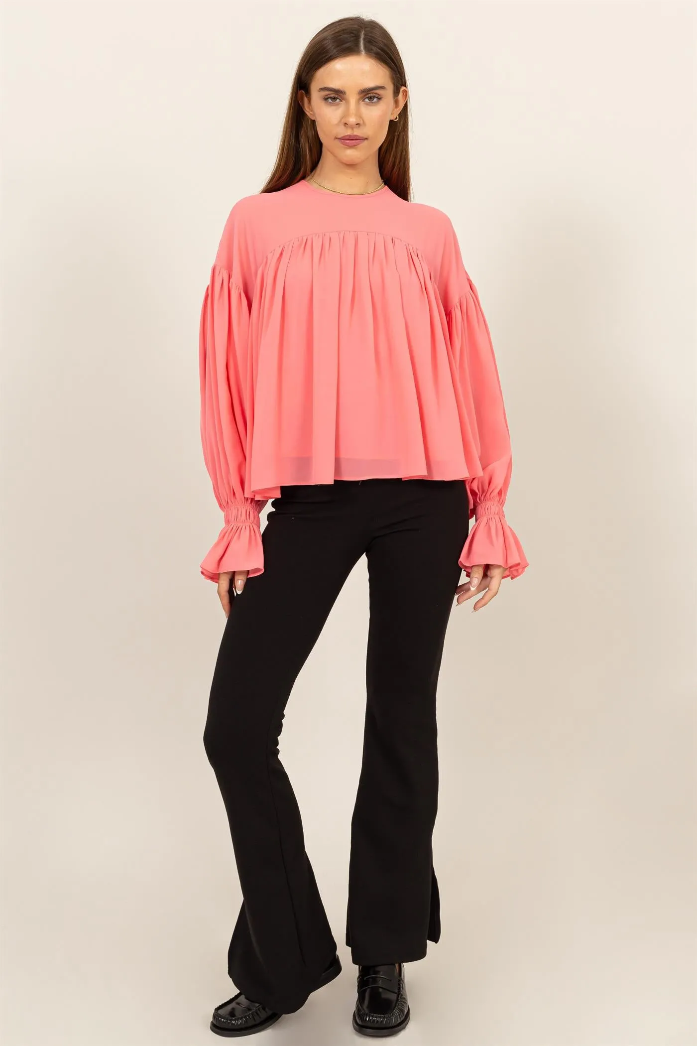 HF24F738-FLOWY BLOUSE WITH GATHERED CUFFS