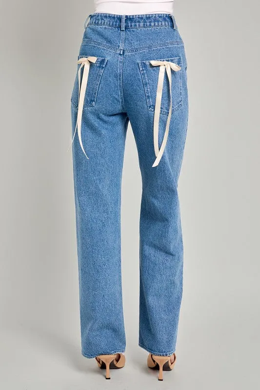 High Waisted Straight Leg Bow Detail Denim