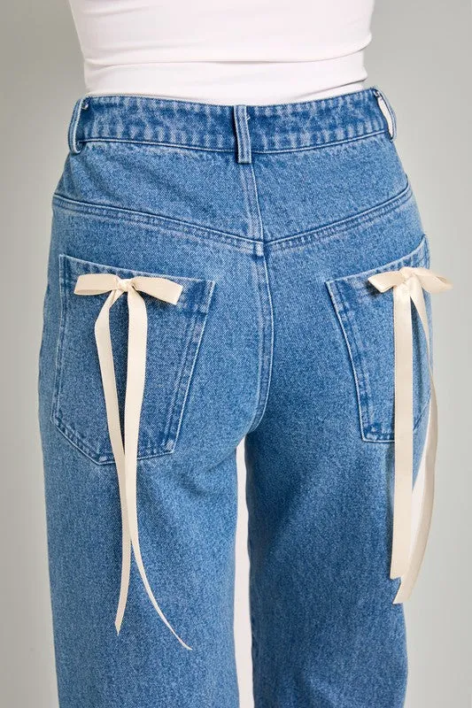 High Waisted Straight Leg Bow Detail Denim