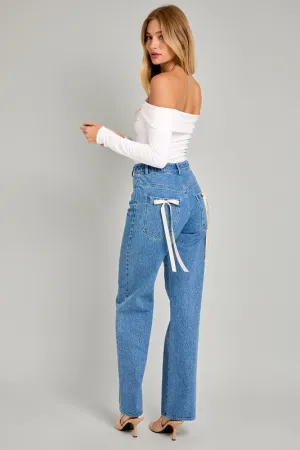 High Waisted Straight Leg Bow Detail Denim