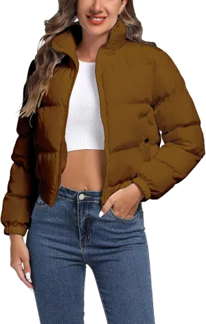 Hujoin Puffer Jacket Womens Casual Long Sleeve Bomber Jacket Full Zip Padded Winter Coat