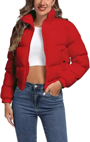 Hujoin Puffer Jacket Womens Casual Long Sleeve Bomber Jacket Full Zip Padded Winter Coat