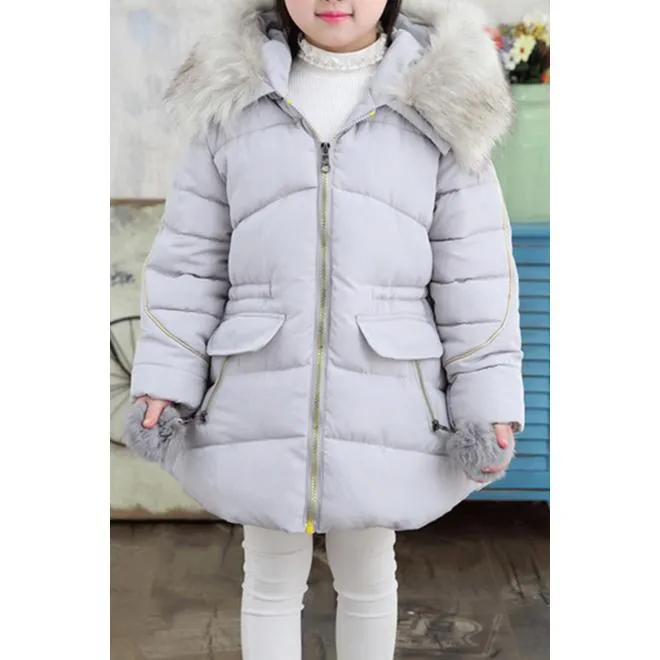 Kids Girls Pockets Styling Solid Colored Elegant Warm Long Sleeve Padded Jacket - KGJC42142