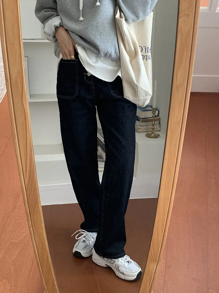 [Korean Style] Black High Waist Button-up Wide Leg Jeans