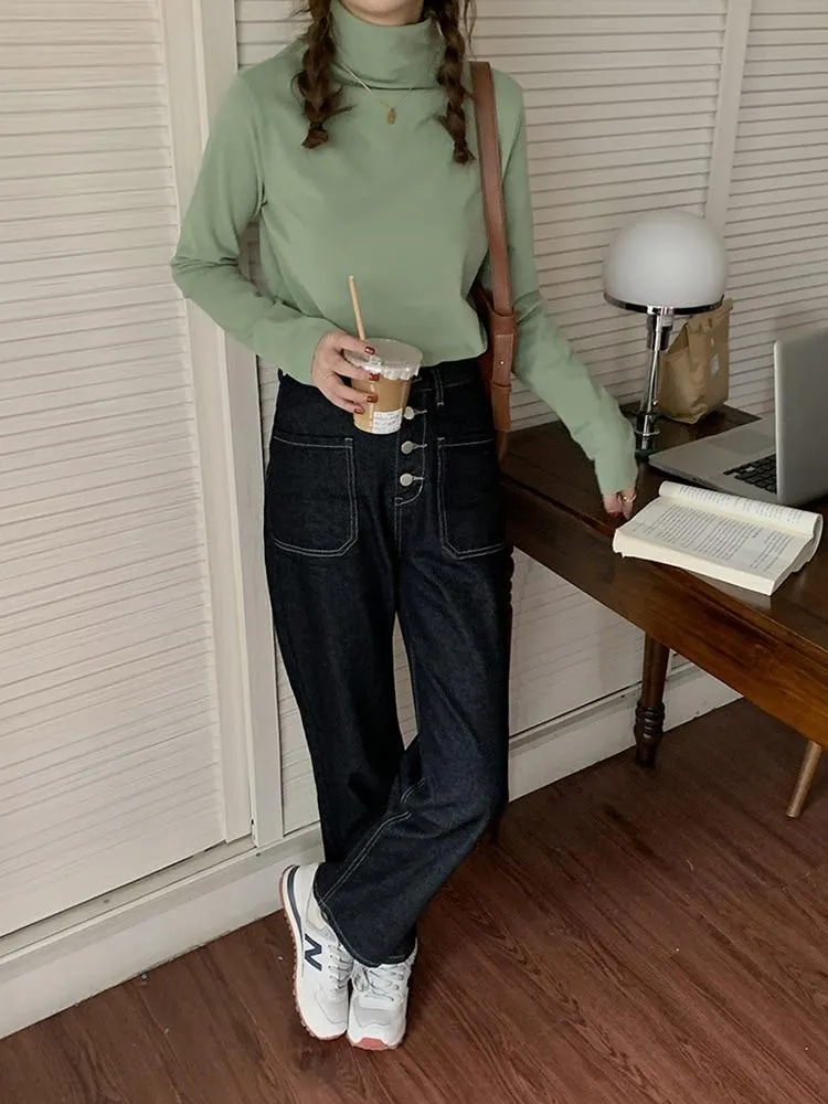 [Korean Style] Black High Waist Button-up Wide Leg Jeans