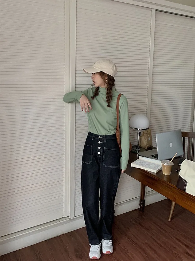 [Korean Style] Black High Waist Button-up Wide Leg Jeans