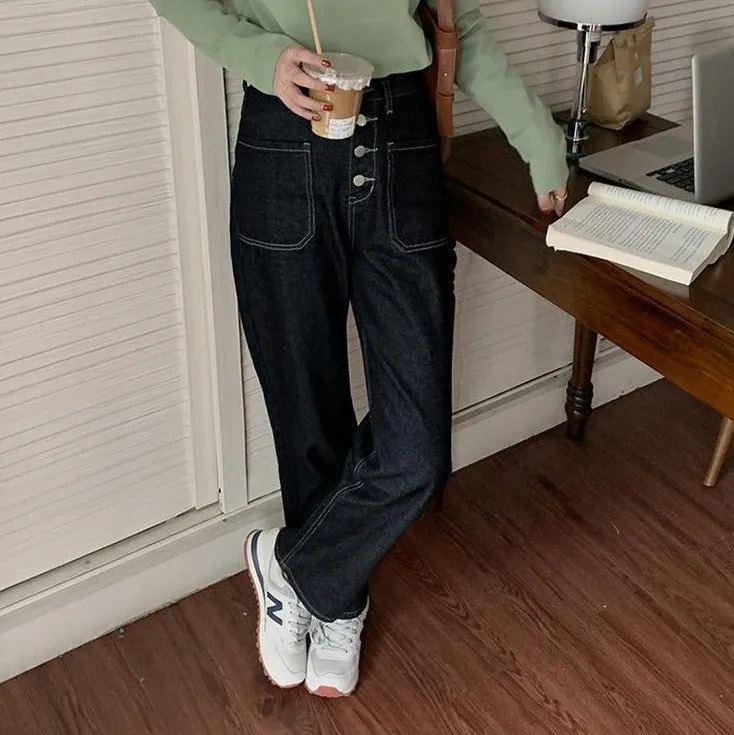 [Korean Style] Black High Waist Button-up Wide Leg Jeans
