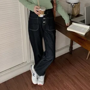[Korean Style] Black High Waist Button-up Wide Leg Jeans