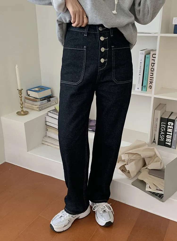 [Korean Style] Black High Waist Button-up Wide Leg Jeans