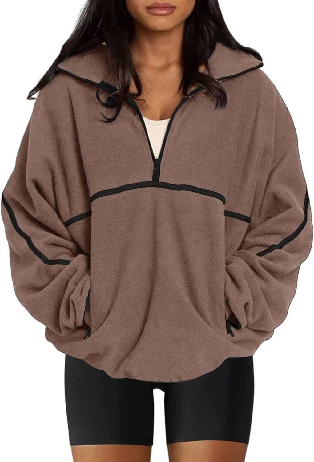 LASLULU Womens Half Zip Pullover Sweatshirt Sherpa Fleece Jacket Oversized Sweatshirts Warm Fuzzy Sweaters Pockets