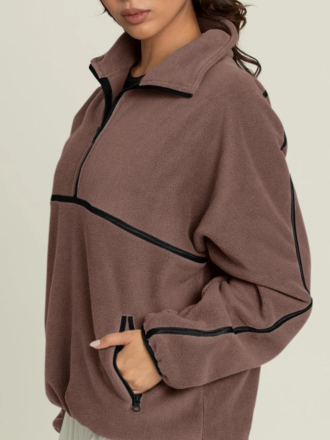 LASLULU Womens Half Zip Pullover Sweatshirt Sherpa Fleece Jacket Oversized Sweatshirts Warm Fuzzy Sweaters Pockets