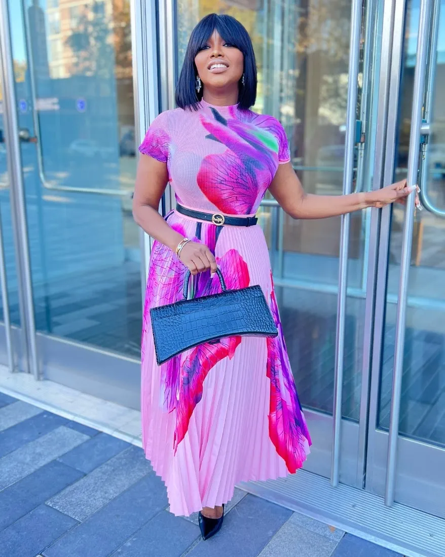 Latanya Pleats- Floral Tshirt and LONG Pleated Skirt Set PINK (New)