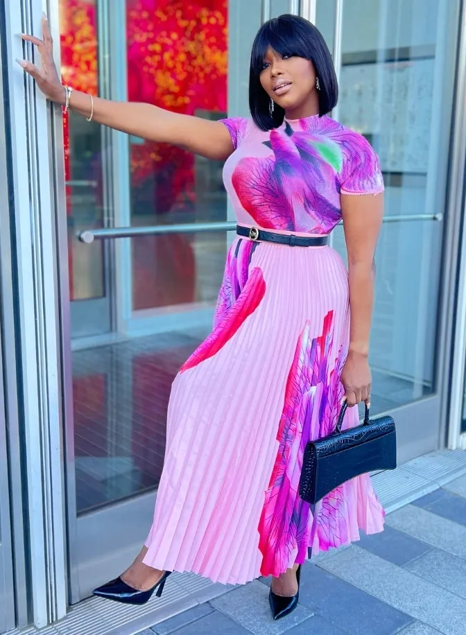 Latanya Pleats- Floral Tshirt and LONG Pleated Skirt Set PINK (New)