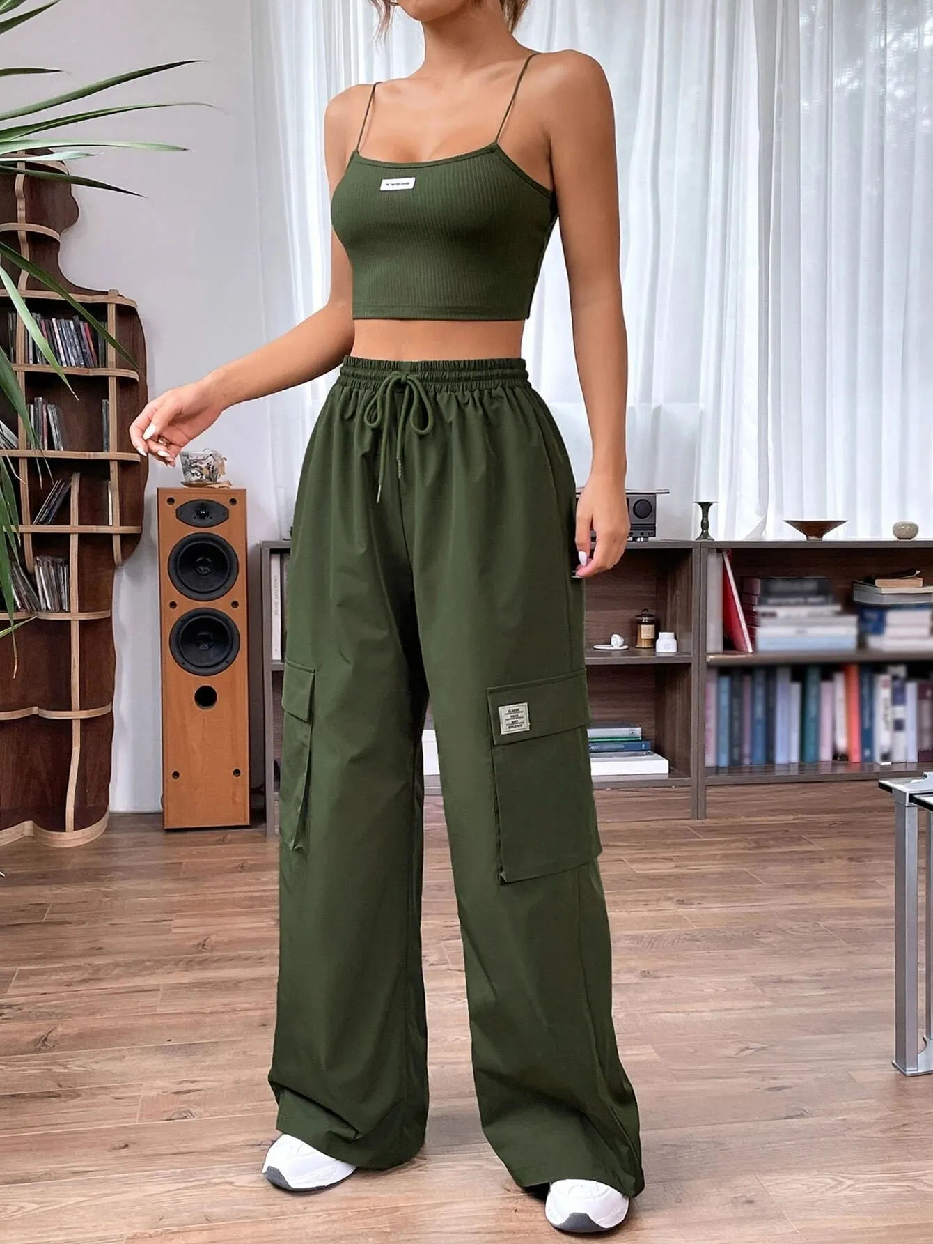 Letter Patched Cami Top And Cargo Pants