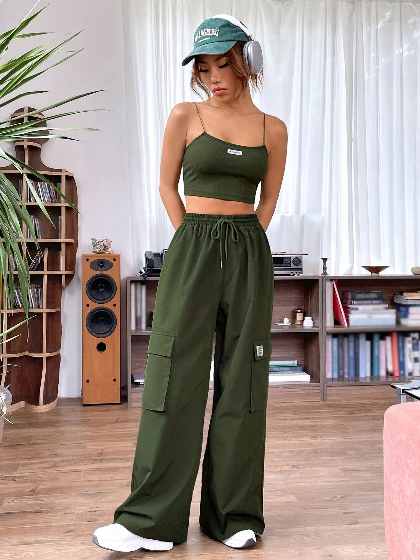 Letter Patched Cami Top And Cargo Pants