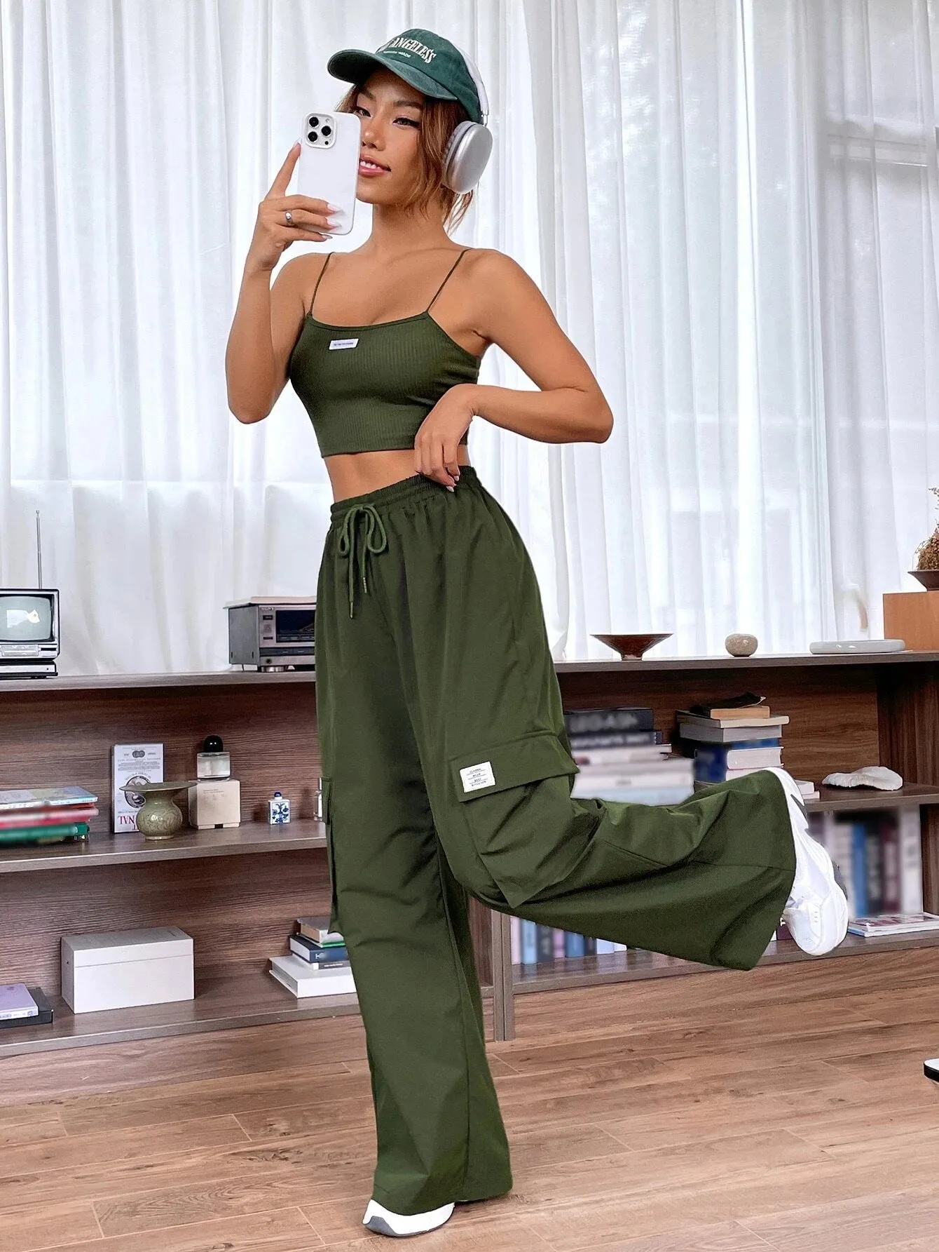 Letter Patched Cami Top And Cargo Pants