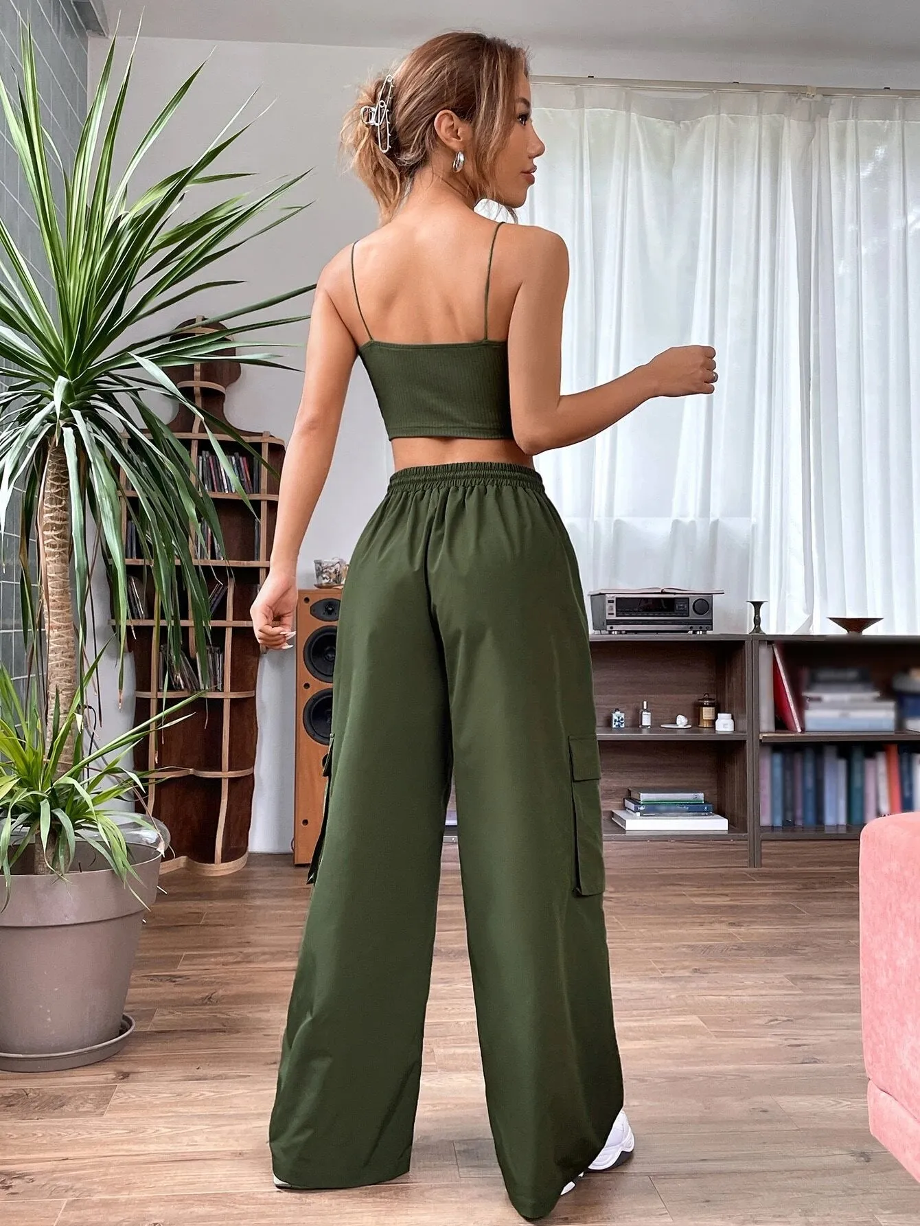 Letter Patched Cami Top And Cargo Pants