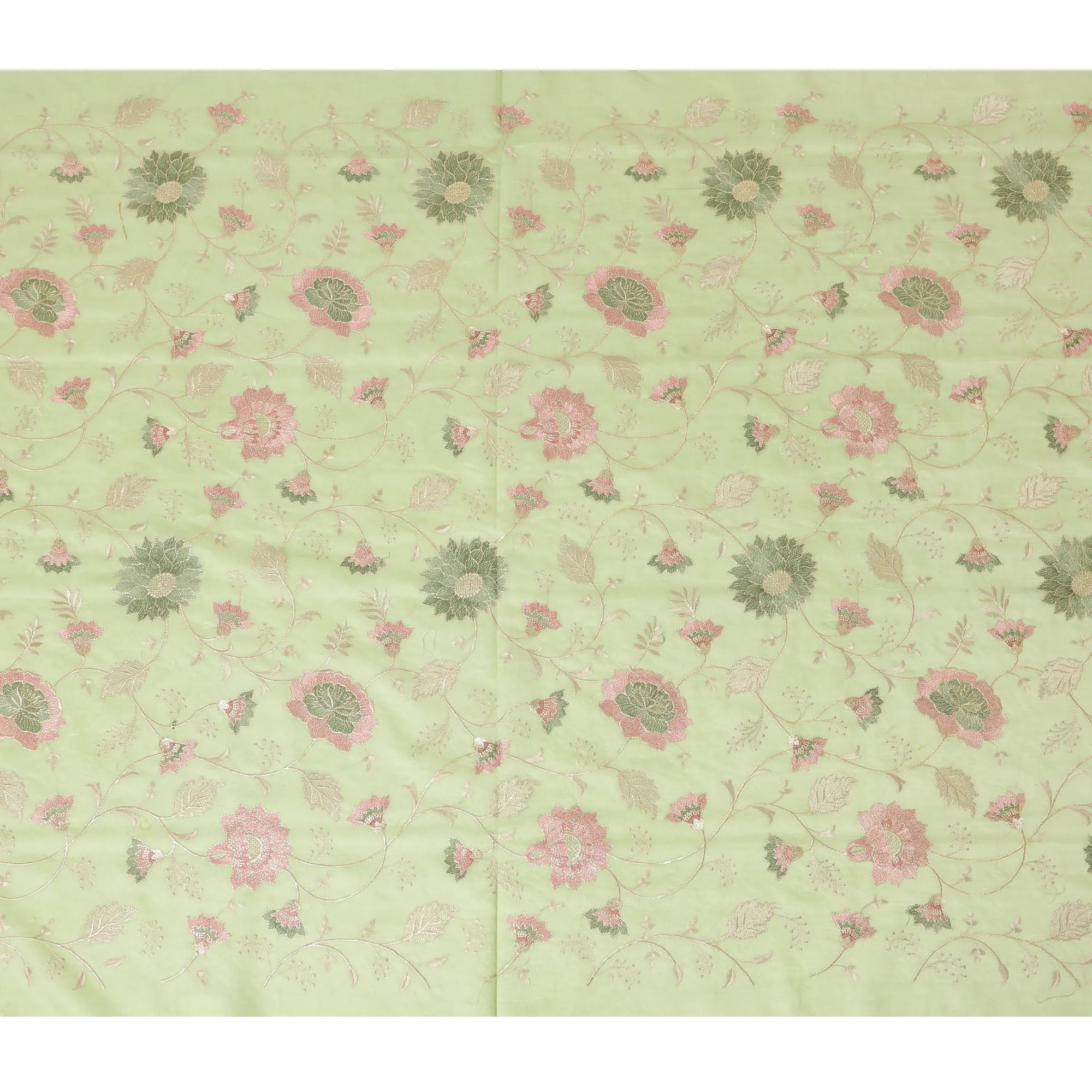 Light Green Synthetic Viscose Fabric with Pink and Gold Floral Embroidery, 110 cm Width-D20575