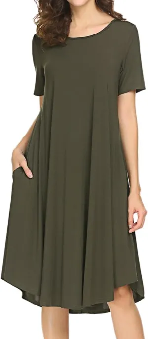 Locryz Women's Short Sleeve Pocket Swing Midi Dress Casual Loose T-Shirt Dress