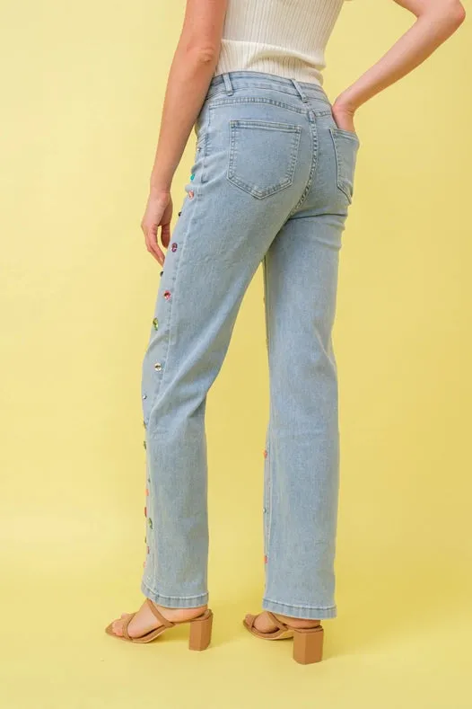 Mid Rise Rainbow Jewel Embellished Denim Jeans
